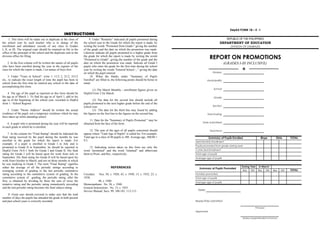 DepEd FORM 18 – E -1
                                                      INSTRUCTIONS
       1. This form will be made out in duplicate at the close of          9. Under "Remarks" indicated all pupils promoted during                                   REPUBLIC OF THE PHILIPPINES
the school year by each teacher who is in charge of the               the school year to the Grade for which the report is made, by                            DEPARTMENT OF EDUCATION
enrollment and attendance records of any class in Grades              writing the words "Promoted from Grade-" giving the number                                       DIVISION OF ZAMBALES
I, II, or III. The original copy should be retained on file in the    of the grade and the date on which the promotion was made.
office of the principal of the school and the duplicate sent to the   Likewise indicate all pupils promoted to a higher grade from
division office for filing.                                           the grade for which the report is made by writing the words
                                                                      "Promoted to Grade", giving the number of the grade and the                    REPORT ON PROMOTIONS
    2. In the first column will be written the names of all pupils    date on which the promotion was made. Indicate all Grade I                                    (GRADES I-III INCLUSIVE)
who have been enrolled during the year in the register of the         pupils who enter the grade for the first time during the school
class for which the report is made. List names of boys first.         year by writing the words "Entered School -, " giving the date
                                                                      on which the pupil entered.                                                       Division:
     3. Under "Years in School", write 1. 11/2 2, 21/2, 331/2               10. When the blanks under "Summary of Pupils
etc., to indicate the exact length of time the pupil has been in      Enrolled" are filled in, the following points should be borne in             Municipality:
school from the first time he entered any school to the date of       mind:
accomplishing this form.
                                                                            (1) The March Monthly - enrollment figures given on                         School:
     4. The age of the pupil as reported on this form should be       DepEd Form 2 for March.
his age as of March 1. To find his age as of April 1, add to his                                                                                         Grade:
age as of the beginning of the school year, recorded in DepEd                 (2) The data for the second line should include all
form 1 - School Register.                                             pupils promoted to the next higher grade before the end of the
                                                                      school year.                                                                      Section:
     5. Under "Home Address" should be written the actual                     (3) The date for the third line may found by adding
residence of the pupil, not a temporary residence which he may        the figures on the first line to the figures on the second line.             Year Ending:
have taken up while attending school.
                                                                           11. Date for the "Summary of Pupils Promoted " may be
                                                                                                                                               Date Submitted:
     6. A pupil who is promoted during the year will be reported      obtained from the face of the form .
in each grade in which he is enrolled.
                                                                           12. The sum of the ages of all pupils concerned should                     Teacher/s:
      7. In the column for "Final Rating" should be indicated the     appear where "Total Age of Pupils" is called for. For example:
final rating received by the pupil during the months he was           Total age in a class of 40 pupils is 380. Average age, 380/40 =                Summary of Pupils Enrolled                       Boys             Girls        TOTAL
enrolled in the grade for which the report is made. For               9.5.                                                               April Monthly Enrollment
example, if a pupil is enrolled in Grade I in July and is
                                                                                                                                         Pupils promoted from grade during year
promoted to Grade II in September, he should be reported in               13. Indicating action taken on this form use only the
DepEd Form 18-E-1 both for Grade I and Grade II. His final            word "promoted" and the word "retained" and abbreviate             Corrected Enrollment
rating for Grade I will be based upon his work from July to           them to Prom. and Ret., respectively.                              Total age of pupils
September. His final rating for Grade II will be based upon his                                                                          Average age of pupils
work from October to March, and not on those months in which
he was studying in Grade I. The term "Final Rating" signifies
either the average of all the periodic ratings according to                                  REFERENCES                                                                        During Year          in March
                                                                                                                                            Summary of Pupils Promoted
averaging system of grading or the last periodic cumulative                                                                                                                       Boys   Girls     Boys      Girls   Boys   Girls   TOTAL
rating according to the cumulative system of grading. In the          Circulars:   Nos. 50, s. 1928; 45, s. 1930; 13, s. 1932; 23, s.    Number promoted
cumulative system of grading, the periodic rating, after the          1938;                                                              Total age of pupils
first, is obtained by dividing by three the sum of twice the                      48, s. 1940.                                           Average age of pupils
tentative rating and the periodic rating immedcately preceding        Memorandums: No. 36, s. 1940.
and the last periodic rating becomes the final subject rating.        General Instructions: No. 13, s. 1925.
                                                                      Service Manual: Secs. 99; 100-101; 112-113.                          Date:
     8. Great care should exrcised to make sure that the total
number of days the pupils has attended the grade in both present
and past school years is correctly recorded.                                                                                             Respectfully submitted:

                                                                                                                                                                                                 Principal
                                                                                                                                         Approved:

                                                                                                                                                                                Division Superintendent of School
 
