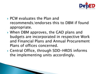  PCW evaluates the Plan and
recommends/endorses this to DBM if found
appropriate.
 When DBM approves, the GAD plans and
budgets are incorporated in respective Work
and Financial Plans and Annual Procurement
Plans of offices concerned.
 Central Office, through SDD-HRDS informs
the implementing units accordingly.
 