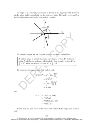 D
EPED
C
O
PY
An angle is in standard position if it is drawn in the xy-plane with its vertex
at the origin and its initial side on the positive x-axis. The angles α, β, and θ in
the following ﬁgure are angles in standard position.
To measure angles, we use degrees, minutes, seconds, and radians.
A central angle of a circle measures one degree, written 1◦
, if it inter-
cepts 1
360
of the circumference of the circle. One minute, written 1 , is
1
60
of 1◦
, while one second, written 1 , is 1
60
of 1 .
For example, in degrees, minutes, and seconds,
10◦
30 18 = 10◦
30 +
18
60
= 10◦
30.3
= 10 +
30.3
60
◦
= 10.505◦
and
79.251◦
= 79◦
(0.251 × 60)
= 79◦
15.06
= 79◦
15 (0.06 × 60)
= 79◦
15 3.6 .
Recall that the unit circle is the circle with center at the origin and radius 1
unit.
125
All rights reserved. No part of this material may be reproduced or transmitted in any form or by any means -
electronic or mechanical including photocopying – without written permission from the DepEd Central Office. First Edition, 2016.
 