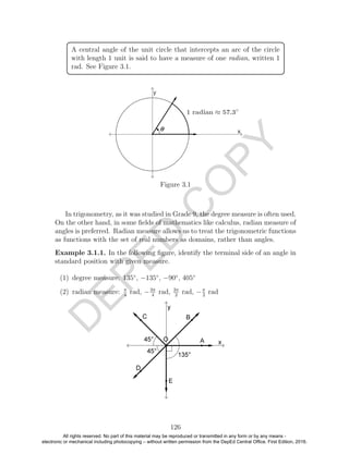 D
EPED
C
O
PY
A central angle of the unit circle that intercepts an arc of the circle
with length 1 unit is said to have a measure of one radian, written 1
rad. See Figure 3.1.
Figure 3.1
In trigonometry, as it was studied in Grade 9, the degree measure is often used.
On the other hand, in some ﬁelds of mathematics like calculus, radian measure of
angles is preferred. Radian measure allows us to treat the trigonometric functions
as functions with the set of real numbers as domains, rather than angles.
Example 3.1.1. In the following ﬁgure, identify the terminal side of an angle in
standard position with given measure.
(1) degree measure: 135◦
, −135◦
, −90◦
, 405◦
(2) radian measure: π
4
rad, −3π
4
rad, 3π
2
rad, −π
2
rad
126
All rights reserved. No part of this material may be reproduced or transmitted in any form or by any means -
electronic or mechanical including photocopying – without written permission from the DepEd Central Office. First Edition, 2016.
 