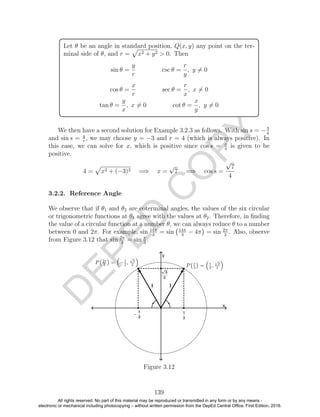D
EPED
C
O
PY
Let θ be an angle in standard position, Q(x, y) any point on the ter-
minal side of θ, and r = x2 + y2 > 0. Then
sin θ =
y
r
csc θ =
r
y
, y = 0
cos θ =
x
r
sec θ =
r
x
, x = 0
tan θ =
y
x
, x = 0 cot θ =
x
y
, y = 0
We then have a second solution for Example 3.2.3 as follows. With sin s = −3
4
and sin s = y
r
, we may choose y = −3 and r = 4 (which is always positive). In
this case, we can solve for x, which is positive since cos s = x
4
is given to be
positive.
4 = x2 + (−3)2 =⇒ x =
√
7 =⇒ cos s =
√
7
4
3.2.2. Reference Angle
We observe that if θ1 and θ2 are coterminal angles, the values of the six circular
or trigonometric functions at θ1 agree with the values at θ2. Therefore, in ﬁnding
the value of a circular function at a number θ, we can always reduce θ to a number
between 0 and 2π. For example, sin 14π
3
= sin 14π
3
− 4π = sin 2π
3
. Also, observe
from Figure 3.12 that sin 2π
3
= sin π
3
.
Figure 3.12
139
All rights reserved. No part of this material may be reproduced or transmitted in any form or by any means -
electronic or mechanical including photocopying – without written permission from the DepEd Central Office. First Edition, 2016.
 