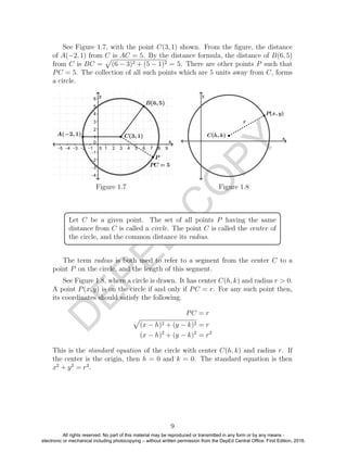 D
EPED
C
O
PY
See Figure 1.7, with the point C(3, 1) shown. From the ﬁgure, the distance
of A(−2, 1) from C is AC = 5. By the distance formula, the distance of B(6, 5)
from C is BC = (6 − 3)2 + (5 − 1)2 = 5. There are other points P such that
PC = 5. The collection of all such points which are 5 units away from C, forms
a circle.
Figure 1.7 Figure 1.8
Let C be a given point. The set of all points P having the same
distance from C is called a circle. The point C is called the center of
the circle, and the common distance its radius.
The term radius is both used to refer to a segment from the center C to a
point P on the circle, and the length of this segment.
See Figure 1.8, where a circle is drawn. It has center C(h, k) and radius r > 0.
A point P(x, y) is on the circle if and only if PC = r. For any such point then,
its coordinates should satisfy the following.
PC = r
(x − h)2 + (y − k)2 = r
(x − h)2
+ (y − k)2
= r2
This is the standard equation of the circle with center C(h, k) and radius r. If
the center is the origin, then h = 0 and k = 0. The standard equation is then
x2
+ y2
= r2
.
9
All rights reserved. No part of this material may be reproduced or transmitted in any form or by any means -
electronic or mechanical including photocopying – without written permission from the DepEd Central Office. First Edition, 2016.
 