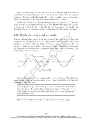 D
EPED
C
O
PY
From the graphs of y = sin x and y = cos x in Figures 3.18 and 3.19, re-
spectively, we observe that sin(−x) = − sin x and cos(−x) = cos x for any real
number x. In other words, the graphs of y = cos(−x) and y = cos x are the same,
while the graph of y = sin(−x) is the same as that of y = − sin x.
In general, if a function f satisﬁes the property that f(−x) = f(x) for all x
in its domain, we say that such function is even. On the other hand, we say that
a function f is odd if f(−x) = −f(x) for all x in its domain. For example, the
functions x2
and cos x are even, while the functions x3
− 3x and sin x are odd.
3.3.2. Graphs of y = a sin bx and y = a cos bx
Using a table of values from 0 to 2π, we can sketch the graph of y = 3 sin x, and
compare it to the graph of y = sin x. See Figure 3.20 wherein the solid curve
belongs to y = 3 sin x, while the dashed curve to y = sin x. For instance, if x = π
2
,
then y = 1 when y = sin x, and y = 3 when y = 3 sin x. The period, x-intercepts,
and domains are the same for both graphs, while they diﬀer in the range. The
range of y = 3 sin x is [−3, 3].
Figure 3.20
In general, the graphs of y = a sin x and y = a cos x with a > 0 have the same
shape as the graphs of y = sin x and y = cos x, respectively. If a < 0, there is a
reﬂection across the x-axis.
In the graphs of y = a sin x and y = a cos x, the number |a| is called
its amplitude. It dictates the height of the curve. When |a| < 1,
the graphs are shrunk vertically, and when |a| > 1, the graphs are
stretched vertically.
Now, in Table 3.21, we consider the values of y = sin 2x on [0, 2π].
147
All rights reserved. No part of this material may be reproduced or transmitted in any form or by any means -
electronic or mechanical including photocopying – without written permission from the DepEd Central Office. First Edition, 2016.
 
