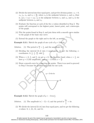 D
EPED
C
O
PY
(2) Divide the interval into four equal parts, and get ﬁve division points: x1 = 0,
x2, x3, x4, and x5 = 2π
|b|
, where x3 is the midpoint between x1 and x5 (that
is, 1
2
(x1 + x5) = x3), x2 is the midpoint between x1 and x3, and x4 is the
midpoint between x3 and x5.
(3) Evaluate the function at each of the ﬁve x-values identiﬁed in Step 2. The
points will correspond to the highest point, lowest point, and x-intercepts
of the graph.
(4) Plot the points found in Step 3, and join them with a smooth curve similar
to the graph of the basic sine curve.
(5) Extend the graph to the right and to the left, as needed.
Example 3.3.1. Sketch the graph of one cycle of y = 2 sin 4x.
Solution. (1) The period is 2π
4
= π
2
, and the amplitude is 2.
(2) Dividing the interval [0, π
2
] into 4 equal parts, we get the following x-
coordinates: 0, π
8
, π
4
, 3π
8
, and π
2
.
(3) When x = 0, π
4
, and π
2
, we get y = 0. On the other hand, when x = π
8
, we
have y = 2 (the amplitude), and y = −2 when x = 3π
8
.
(4) Draw a smooth curve by connecting the points. There is no need to proceed
to Step 5 because the problem only asks for one cycle.
Example 3.3.2. Sketch the graph of y = −3 cos x
2
.
Solution. (1) The amplitude is | − 3| = 3, and the period is
2π
1
2
= 4π.
(2) We divide the interval [0, 4π] into four equal parts, and we get the following
x-values: 0, π, 2π, 3π, and 4π.
149
All rights reserved. No part of this material may be reproduced or transmitted in any form or by any means -
electronic or mechanical including photocopying – without written permission from the DepEd Central Office. First Edition, 2016.
 