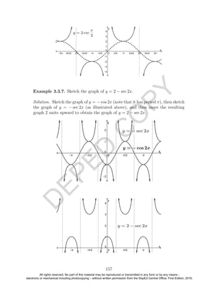 D
EPED
C
O
PY
Example 3.3.7. Sketch the graph of y = 2 − sec 2x.
Solution. Sketch the graph of y = − cos 2x (note that it has period π), then sketch
the graph of y = − sec 2x (as illustrated above), and then move the resulting
graph 2 units upward to obtain the graph of y = 2 − sec 2x.
157
All rights reserved. No part of this material may be reproduced or transmitted in any form or by any means -
electronic or mechanical including photocopying – without written permission from the DepEd Central Office. First Edition, 2016.
 