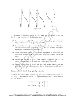 D
EPED
C
O
PY
Figure 3.31
In general, to sketch the graphs of y = a tan bx and y = a cot bx, a = 0 and
b > 0, we may proceed with the following steps:
(1) Determine the period π
b
. Then we draw one cycle of the graph on − π
2b
, π
2b
for y = a tan bx, and on 0, π
b
for y = a cot bx.
(2) Determine the two adjacent vertical asymptotes. For y = a tan bx, these
vertical asymptotes are given by x = ± π
2b
. For y = a cot bx, the vertical
asymptotes are given by x = 0 and x = π
b
.
(3) Divide the interval formed by the vertical asymptotes in Step 2 into four
equal parts, and get three division points exclusively between the asymp-
totes.
(4) Evaluate the function at each of these x-values identiﬁed in Step 3. The
points will correspond to the signs and x-intercept of the graph.
(5) Plot the points found in Step 3, and join them with a smooth curve ap-
proaching to the vertical asymptotes. Extend the graph to the right and to
the left, as needed.
Example 3.3.8. Sketch the graph of y = 1
2
tan 2x.
Solution. The period of the function is π
2
, and the adjacent asymptotes are x =
±π
4
, ±3π
4
, . . .. Dividing the interval −π
4
, π
4
into four equal parts, the key x-values
are −π
8
, 0, and π
8
.
x −π
8
0 π
8
y = 1
2
tan 2x −1
2
0 1
2
159
All rights reserved. No part of this material may be reproduced or transmitted in any form or by any means -
electronic or mechanical including photocopying – without written permission from the DepEd Central Office. First Edition, 2016.
 
