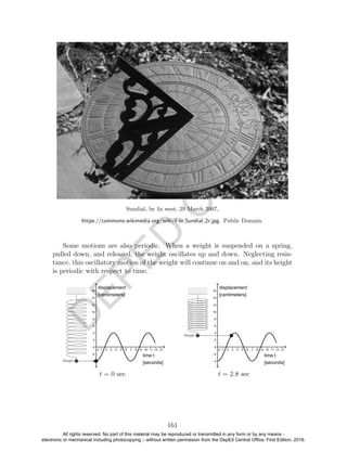 D
EPED
C
O
PY
Sundial, by liz west, 29 March 2007,
https://commons.wikimedia.org/wiki/File:Sundial 2r.jpg. Public Domain.
Some motions are also periodic. When a weight is suspended on a spring,
pulled down, and released, the weight oscillates up and down. Neglecting resis-
tance, this oscillatory motion of the weight will continue on and on, and its height
is periodic with respect to time.
t = 0 sec t = 2.8 sec
161
All rights reserved. No part of this material may be reproduced or transmitted in any form or by any means -
electronic or mechanical including photocopying – without written permission from the DepEd Central Office. First Edition, 2016.
 