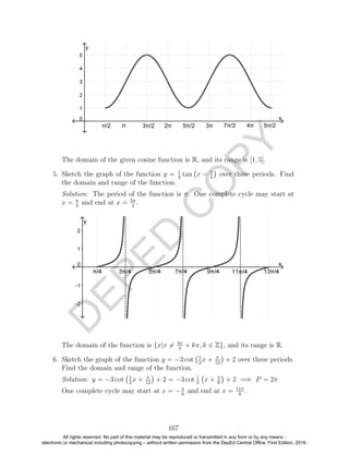 D
EPED
C
O
PY
The domain of the given cosine function is R, and its range is [1, 5].
5. Sketch the graph of the function y = 1
4
tan x − π
4
over three periods. Find
the domain and range of the function.
Solution: The period of the function is π. One complete cycle may start at
x = π
4
and end at x = 5π
4
.
The domain of the function is {x|x = 3π
4
+ kπ, k ∈ Z}, and its range is R.
6. Sketch the graph of the function y = −3 cot 1
2
x + π
12
+ 2 over three periods.
Find the domain and range of the function.
Solution: y = −3 cot 1
2
x + π
12
+ 2 = −3 cot 1
2
x + π
6
+ 2 =⇒ P = 2π
One complete cycle may start at x = −π
6
and end at x = 11π
6
.
167
All rights reserved. No part of this material may be reproduced or transmitted in any form or by any means -
electronic or mechanical including photocopying – without written permission from the DepEd Central Office. First Edition, 2016.
 