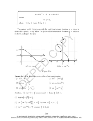 D
EPED
C
O
PY
y = cos−1
x or y = arccos x
means
cos y = x,
where −1 ≤ x ≤ 1 and 0 ≤ y ≤ π.
The graph (solid thick curve) of the restricted cosine function y = cos x is
shown in Figure 3.34(a), while the graph of inverse cosine function y = arccos x
is shown in Figure 3.34(b).
(a) y = cos x (b) y = cos−1
x
Figure 3.34
Example 3.7.4. Find the exact value of each expression.
(1) cos−1
0
(2) arccos −
√
3
2
(3) cos cos−1
−
√
3
2
(4) cos−1
cos 3π
4
(5) arccos cos 7π
6
(6) sin cos−1
√
2
2
Solution. (1) cos−1
0 = π
2
because cos π
2
= 0 and π
2
∈ [0, π].
(2) arccos −
√
3
2
= 5π
6
(3) cos cos−1
−
√
3
2
= −
√
3
2
because −
√
3
2
∈ [−1, 1]
(4) cos−1
cos 3π
4
= 3π
4
because 3π
4
∈ [0, π].
206
All rights reserved. No part of this material may be reproduced or transmitted in any form or by any means -
electronic or mechanical including photocopying – without written permission from the DepEd Central Office. First Edition, 2016.
 