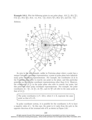 D
EPED
C
O
PY
Example 3.9.1. Plot the following points in one polar plane: A(3, π
3
), B(1, 5π
6
),
C(2, 7π
6
), D(4, 19π
12
), E(3, −π), F(4, −7π
6
), G(2.5, 17π
4
), H(4, 17π
6
), and I(3, −5π
3
).
Solution.
As seen in the last example, unlike in Cartesian plane where a point has a
unique Cartesian coordinate representation, a point in polar plane have inﬁnitely
many polar coordinate representations. For example, the coordinates (3, 4) in
the Cartesian plane refer to exactly one point in the plane, and this particular
point has no rectangular coordinate representations other than (3, 4). However,
the coordinates (3, π
3
) in the polar plane also refer to exactly one point, but
this point has other polar coordinate representations. For example, the polar
coordinates (3, −5π
3
), (3, 7π
3
), (3, 13π
3
), and (3, 19π
3
) all refer to the same point as
that of (3, π
3
).
The polar coordinates (r, θ + 2kπ), where k ∈ Z, represent the same
point as that of (r, θ).
In polar coordinate system, it is possible for the coordinates (r, θ) to have
a negative value of r. In this case, the point is |r| units from the pole in the
opposite direction of the terminal side of θ, as shown in Figure 3.41.
239
All rights reserved. No part of this material may be reproduced or transmitted in any form or by any means -
electronic or mechanical including photocopying – without written permission from the DepEd Central Office. First Edition, 2016.
 