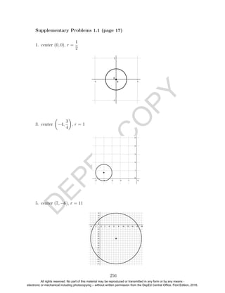 D
EPED
C
O
PY
1. center (0, 0), r =
1
2
3. center −4,
3
4
, r = 1
5. center (7, −6), r = 11
256
Supplementary Problems 1.1 (page 17)
All rights reserved. No part of this material may be reproduced or transmitted in any form or by any means -
electronic or mechanical including photocopying – without written permission from the DepEd Central Office. First Edition, 2016.
 