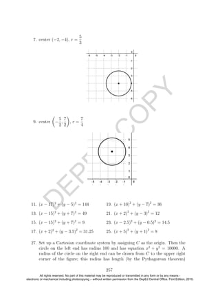 D
EPED
C
O
PY
7. center (−2, −4), r =
5
3
9. center −
5
2
,
7
2
, r =
7
4
11. (x − 17)2
+ (y − 5)2
= 144
13. (x − 15)2
+ (y + 7)2
= 49
15. (x − 15)2
+ (y + 7)2
= 9
17. (x + 2)2
+ (y − 3.5)2
= 31.25
19. (x + 10)2
+ (y − 7)2
= 36
21. (x + 2)2
+ (y − 3)2
= 12
23. (x − 2.5)2
+ (y − 0.5)2
= 14.5
25. (x + 5)2
+ (y + 1)2
= 8
27. Set up a Cartesian coordinate system by assigning C as the origin. Then the
circle on the left end has radius 100 and has equation x2
+ y2
= 10000. A
radius of the circle on the right end can be drawn from C to the upper right
corner of the ﬁgure; this radius has length (by the Pythagorean theorem)
257
All rights reserved. No part of this material may be reproduced or transmitted in any form or by any means -
electronic or mechanical including photocopying – without written permission from the DepEd Central Office. First Edition, 2016.
 