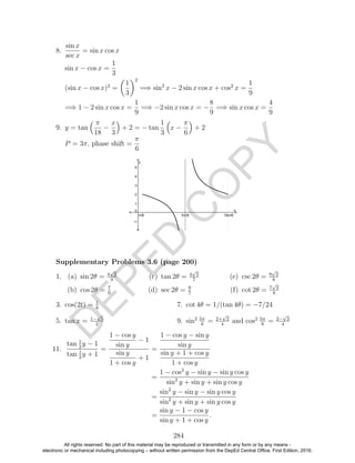 D
EPED
C
O
PY
8.
sin x
sec x
= sin x cos x
sin x − cos x =
1
3
(sin x − cos x)2
=
1
3
2
=⇒ sin2
x − 2 sin x cos x + cos2
x =
1
9
=⇒ 1 − 2 sin x cos x =
1
9
=⇒ −2 sin x cos x = −
8
9
=⇒ sin x cos x =
4
9
9. y = tan
π
18
−
x
3
+ 2 = − tan
1
3
x −
π
6
+ 2
P = 3π, phase shift =
π
6
√
2
9
(b) cos 2θ = 7
9
(c) tan 2θ = 4
√
2
7
(d) sec 2θ = 9
7
(e) csc 2θ = 9
√
2
8
(f) cot 2θ = 7
√
2
8
3. cos(2t) = 1
8
5. tan x = 1−
√
5
2
7. cot 4θ = 1/(tan 4θ) = −7/24
9. sin2 5π
8
= 2+
√
2
4
and cos2 5π
8
= 2−
√
2
4
11.
tan 1
2
y − 1
tan 1
2
y + 1
=
1 − cos y
sin y
− 1
sin y
1 + cos y
+ 1
=
1 − cos y − sin y
sin y
sin y + 1 + cos y
1 + cos y
=
1 − cos2
y − sin y − sin y cos y
sin2
y + sin y + sin y cos y
=
sin2
y − sin y − sin y cos y
sin2
y + sin y + sin y cos y
=
sin y − 1 − cos y
sin y + 1 + cos y
.
284
Supplementary Problems 3.6 (page 200)
1. (a) sin 2θ = 4
All rights reserved. No part of this material may be reproduced or transmitted in any form or by any means -
electronic or mechanical including photocopying – without written permission from the DepEd Central Office. First Edition, 2016.
 
