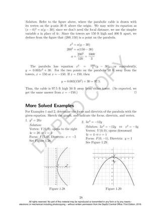 D
EPED
C
O
PY
Solution. Refer to the ﬁgure above, where the parabolic cable is drawn with
its vertex on the y-axis 30 ft above the origin. We may write its equation as
(x − 0)2
= a(y − 30); since we don’t need the focal distance, we use the simpler
variable a in place of 4c. Since the towers are 150 ft high and 400 ft apart, we
deduce from the ﬁgure that (200, 150) is a point on the parabola.
x2
= a(y − 30)
2002
= a(150 − 30)
a =
2002
120
=
1000
3
The parabola has equation x2
= 1000
3
(y − 30), or equivalently,
y = 0.003x2
+ 30. For the two points on the parabola 50 ft away from the
towers, x = 150 or x = −150. If x = 150, then
y = 0.003(1502
) + 30 = 97.5.
Thus, the cable is 97.5 ft high 50 ft away from either tower. (As expected, we
get the same answer from x = −150.) 2
More Solved Examples
For Examples 1 and 2, determine the focus and directrix of the parabola with the
given equation. Sketch the graph, and indicate the focus, directrix, and vertex.
1. y2
= 20x
Solution:
Vertex: V (0, 0), opens to the right
4c = 20 ⇒ c = 5
Focus: F(5, 0), Directrix: x = −5
See Figure 1.28.
2. 3x2
= −12y
Solution: 3x2
= −12y ⇔ x2
= −4y
Vertex: V (0, 0), opens downward
4c = 4 ⇒ c = 1
Focus: F(0, −1), Directrix: y = 1
See Figure 1.29.
Figure 1.28 Figure 1.29
28
All rights reserved. No part of this material may be reproduced or transmitted in any form or by any means -
electronic or mechanical including photocopying – without written permission from the DepEd Central Office. First Edition, 2016.
 