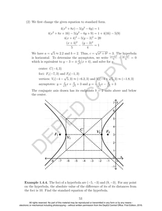 D
EPED
C
O
PY
(2) We ﬁrst change the given equation to standard form.
4(x2
+ 8x) − 5(y2
− 6y) = 1
4(x2
+ 8x + 16) − 5(y2
− 6y + 9) = 1 + 4(16) − 5(9)
4(x + 4)2
− 5(y − 3)2
= 20
(x + 4)2
5
−
(y − 3)2
4
= 1
We have a =
√
5 ≈ 2.2 and b = 2. Thus, c =
√
a2 + b2 = 3. The hyperbola
is horizontal. To determine the asymptotes, we write (x+4)2
5
− (y−3)2
4
= 0
which is equivalent to y − 3 = ± 2√
5
(x + 4), and solve for y.
center: C(−4, 3)
foci: F1(−7, 3) and F2(−1, 3)
vertices: V1(−4 −
√
5, 3) ≈ (−6.2, 3) and V2(−4 +
√
5, 3) ≈ (−1.8, 3)
asymptotes: y = 2√
5
x + 8√
5
+ 3 and y = − 2√
5
x − 8√
5
+ 3
The conjugate axis drawn has its endpoints b = 2 units above and below
the center.
Example 1.4.4. The foci of a hyperbola are (−5, −3) and (9, −3). For any point
on the hyperbola, the absolute value of the diﬀerence of its of its distances from
the foci is 10. Find the standard equation of the hyperbola.
53
All rights reserved. No part of this material may be reproduced or transmitted in any form or by any means -
electronic or mechanical including photocopying – without written permission from the DepEd Central Office. First Edition, 2016.
 
