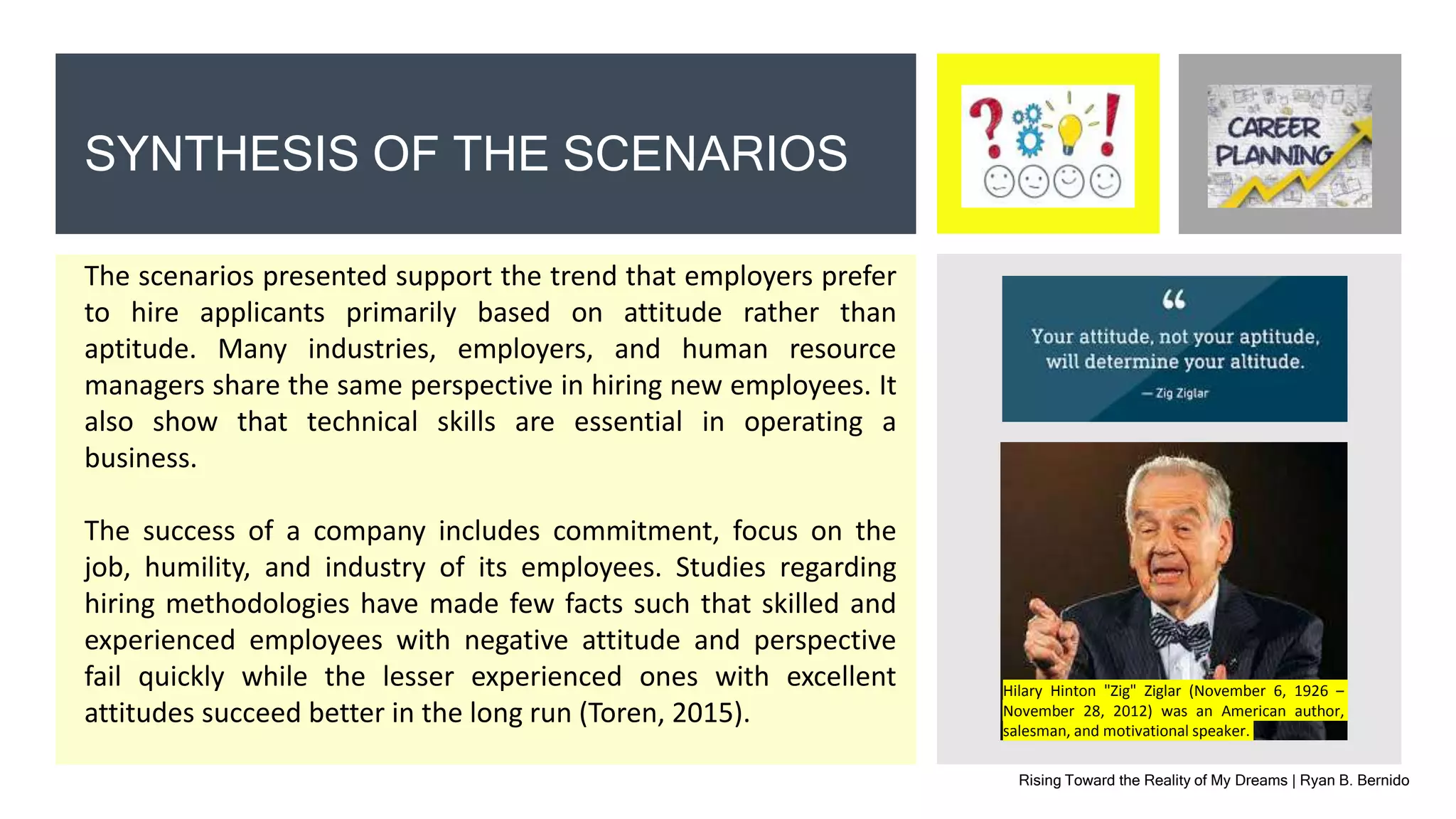 Rising Toward the Reality of My Dreams | Ryan B. Bernido
SYNTHESIS OF THE SCENARIOS
The scenarios presented support the trend that employers prefer
to hire applicants primarily based on attitude rather than
aptitude. Many industries, employers, and human resource
managers share the same perspective in hiring new employees. It
also show that technical skills are essential in operating a
business.
The success of a company includes commitment, focus on the
job, humility, and industry of its employees. Studies regarding
hiring methodologies have made few facts such that skilled and
experienced employees with negative attitude and perspective
fail quickly while the lesser experienced ones with excellent
attitudes succeed better in the long run (Toren, 2015).
Hilary Hinton "Zig" Ziglar (November 6, 1926 –
November 28, 2012) was an American author,
salesman, and motivational speaker.
 