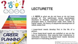 LECTURETTE
• A NEED is what we do not have or do not have
enough of. The well-known social psychologist
Abraham H. Maslow classified human needs and
arranged them in hierarchical order from lower to
higher needs. His theory of sequential development of
needs states that:
• Lower-level needs develop first in the life of a
person.
• Once lower-level needs are satisfied or are on the
way to satisfaction, they assume less importance in
motivation because the higher-level needs become
dominant in motivating behavior.
Source: Santamaria, Josefina O. 2006 Career Planning Workbook 4th Ed. Career Systems, Inc.
Makati City, Philippines
Up, Up in the Ladder of My Career | Ryan B. Bernido
 