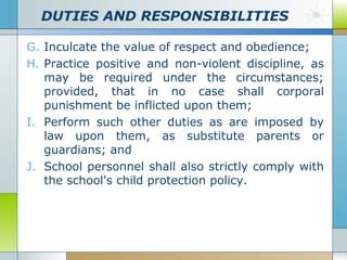 DUTIES AND RESPONSIBILITIES
G. Inculcate the value of respect and obedience;
H. Practice positive and non-violent discipline, as
may be required under the circumstances;
provided, that in no case shall corporal
punishment be inflicted upon them;
I. Perform such other duties as are imposed by
law upon them, as substitute parents or
guardians; and
J. School personnel shall also strictly comply with
the school's child protection policy.

 