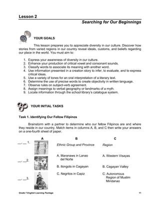 Grade 7 English Learning Package 11
Lesson 2
Searching for Our Beginnings
YOUR GOALS
This lesson prepares you to appreciat...