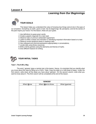 Grade 7 English Learning Package 29
Lesson 4
Learning from Our Beginnings
YOUR GOALS
This lesson helps you understand the ...