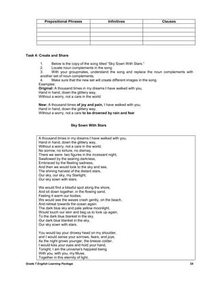 Grade 7 English Learning Package 24
Prepositional Phrases Infinitives Clauses
Task 4: Create and Share
1. Below is the copy of the song titled ―Sky Sown With Stars.‖
2. Locate noun complements in the song.
3. With your groupmates, understand the song and replace the noun complements with
another set of noun complements.
4. Make sure that the new set will create different images in the song.
Examples:
Original: A thousand times in my dreams I have walked with you,
Hand in hand, down the glittery way,
Without a worry, not a care in the world
New: A thousand times of joy and pain, I have walked with you,
Hand in hand, down the glittery way,
Without a worry, not a care to be drowned by rain and fear
Sky Sown With Stars
A thousand times in my dreams I have walked with you,
Hand in hand, down the glittery way,
Without a worry, not a care in the world,
No sorrow, no torture, no dismay,
There we were: two figures in the incessant night,
Swallowed by the searing darkness,
Embraced by the fleeting sadness,
And then we would look to the sky and see,
The shining harvest of the distant stars,
Our sky, our sky, my Starlight,
Our sky sown with stars.
We would find a blissful spot along the shore,
And sit down together, in the flowing sand,
Feeling it warm our bodies.
We would see the waves crash gently, on the beach,
And retreat towards the ocean again.
The dark blue sky and pale yellow moonlight,
Would touch our skin and beg us to look up again,
To the dark blue blanket in the sky,
Our dark blue blanket in the sky,
Our sky sown with stars.
You would lay your drowsy head on my shoulder,
and I would sense your sorrows, fears, and joys,
As the night grows younger, the breeze colder,
I would kiss your eyes and hold your hand,
Tonight, I am the universe's happiest being.
With you, with you, my Muse,
Together in this eternity of light,
 