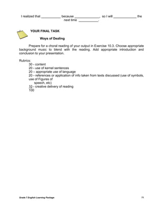 Grade 7 English Learning Package 71
I realized that ___________ because ______________, so I will _____________ the
next time ___________.
YOUR FINAL TASK
Ways of Dealing
Prepare for a choral reading of your output in Exercise 10.3. Choose appropriate
background music to blend with the reading. Add appropriate introduction and
conclusion to your presentation.
Rubrics:
30 - content
20 - use of kernel sentences
20 – appropriate use of language
20 - references or application of info taken from texts discussed (use of symbols,
use of Figures of
speech, etc)
10 - creative delivery of reading
100
 