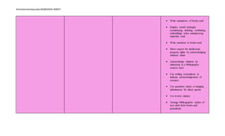 Almiebarrientosjumalon2018SANHS-RMEXT.
 Write summaries of books read
 Employ varied strategies
(condensing, deleting, combining,
embedding) when summarizing
materials read
 Write reactions to books read
 Show respect for intellectual
property rights by acknowledging
citations made
 Acknowledge citations by
indicating in a bibliography
sources used
 Use writing conventions to
indicate acknowledgement of
resource
 Use quotation marks or hanging
indentations for direct quotes
 Use in-text citation
 Arrange bibliographic entries of
text cited from books and
periodicals
 