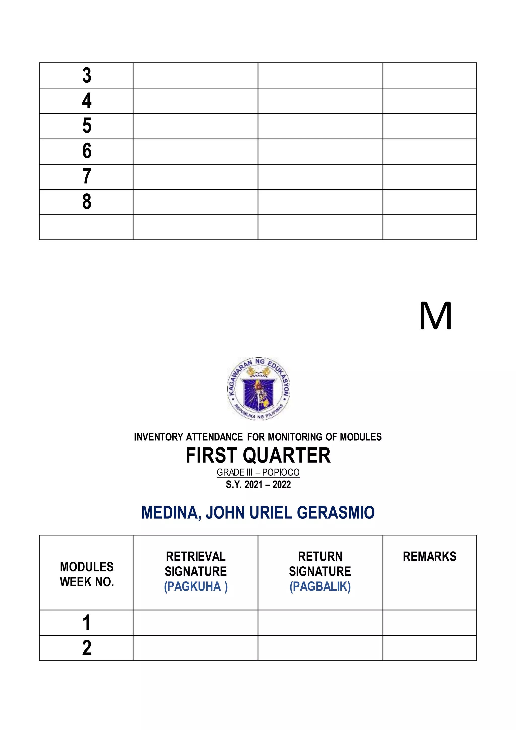 3
4
5
6
7
8
M
INVENTORY ATTENDANCE FOR MONITORING OF MODULES
FIRST QUARTER
GRADE III – POPIOCO
S.Y. 2021 – 2022
MEDINA, JOHN URIEL GERASMIO
MODULES
WEEK NO.
RETRIEVAL
SIGNATURE
(PAGKUHA )
RETURN
SIGNATURE
(PAGBALIK)
REMARKS
1
2
 