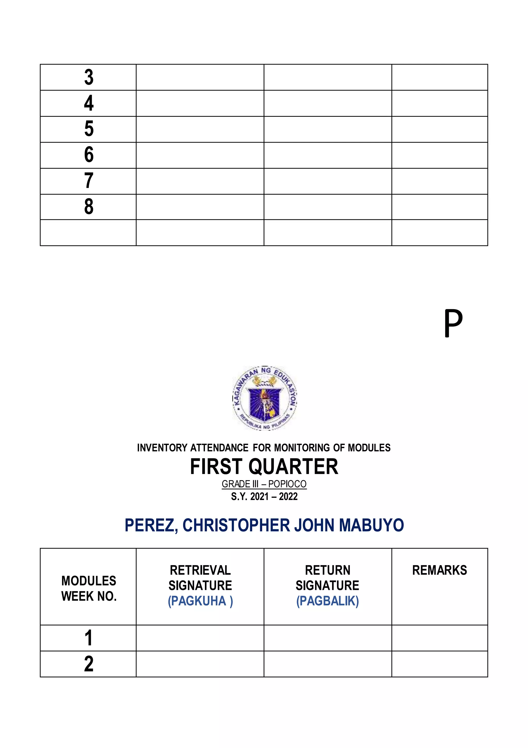 3
4
5
6
7
8
P
INVENTORY ATTENDANCE FOR MONITORING OF MODULES
FIRST QUARTER
GRADE III – POPIOCO
S.Y. 2021 – 2022
PEREZ, CHRISTOPHER JOHN MABUYO
MODULES
WEEK NO.
RETRIEVAL
SIGNATURE
(PAGKUHA )
RETURN
SIGNATURE
(PAGBALIK)
REMARKS
1
2
 