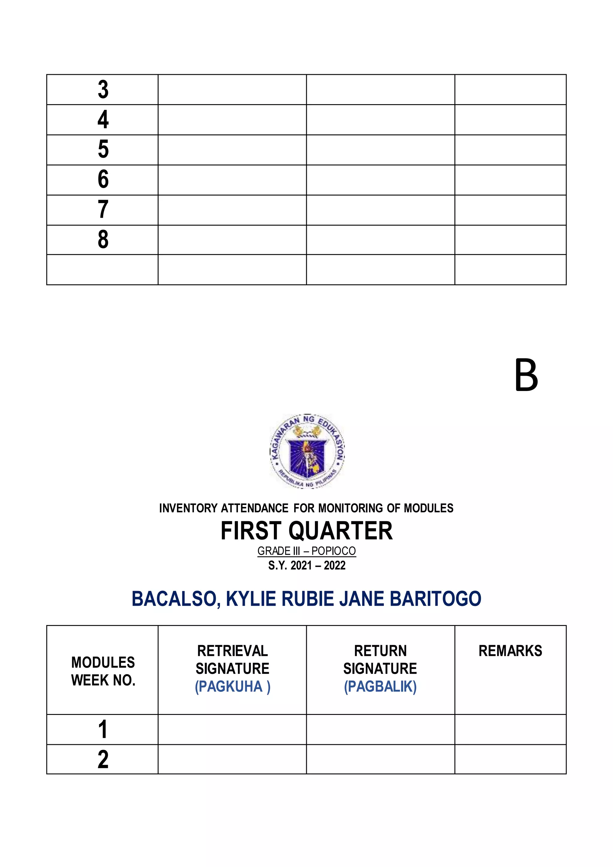 3
4
5
6
7
8
B
INVENTORY ATTENDANCE FOR MONITORING OF MODULES
FIRST QUARTER
GRADE III – POPIOCO
S.Y. 2021 – 2022
BACALSO, KYLIE RUBIE JANE BARITOGO
MODULES
WEEK NO.
RETRIEVAL
SIGNATURE
(PAGKUHA )
RETURN
SIGNATURE
(PAGBALIK)
REMARKS
1
2
 