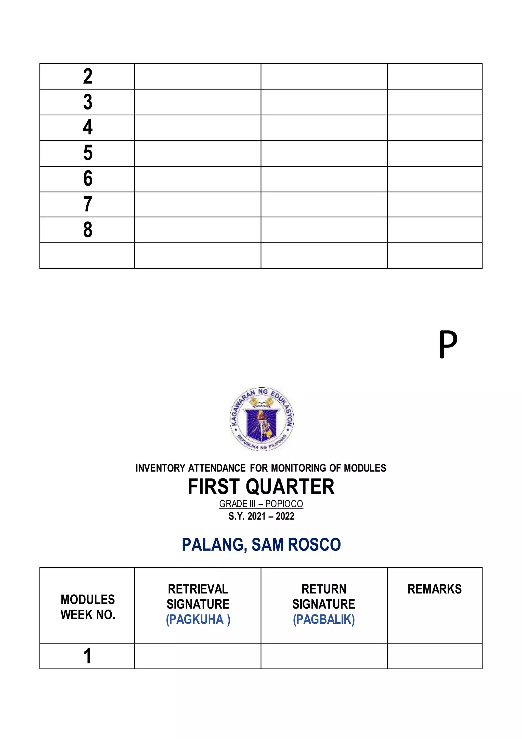 2
3
4
5
6
7
8
P
INVENTORY ATTENDANCE FOR MONITORING OF MODULES
FIRST QUARTER
GRADE III – POPIOCO
S.Y. 2021 – 2022
PALANG, SAM ROSCO
MODULES
WEEK NO.
RETRIEVAL
SIGNATURE
(PAGKUHA )
RETURN
SIGNATURE
(PAGBALIK)
REMARKS
1
 