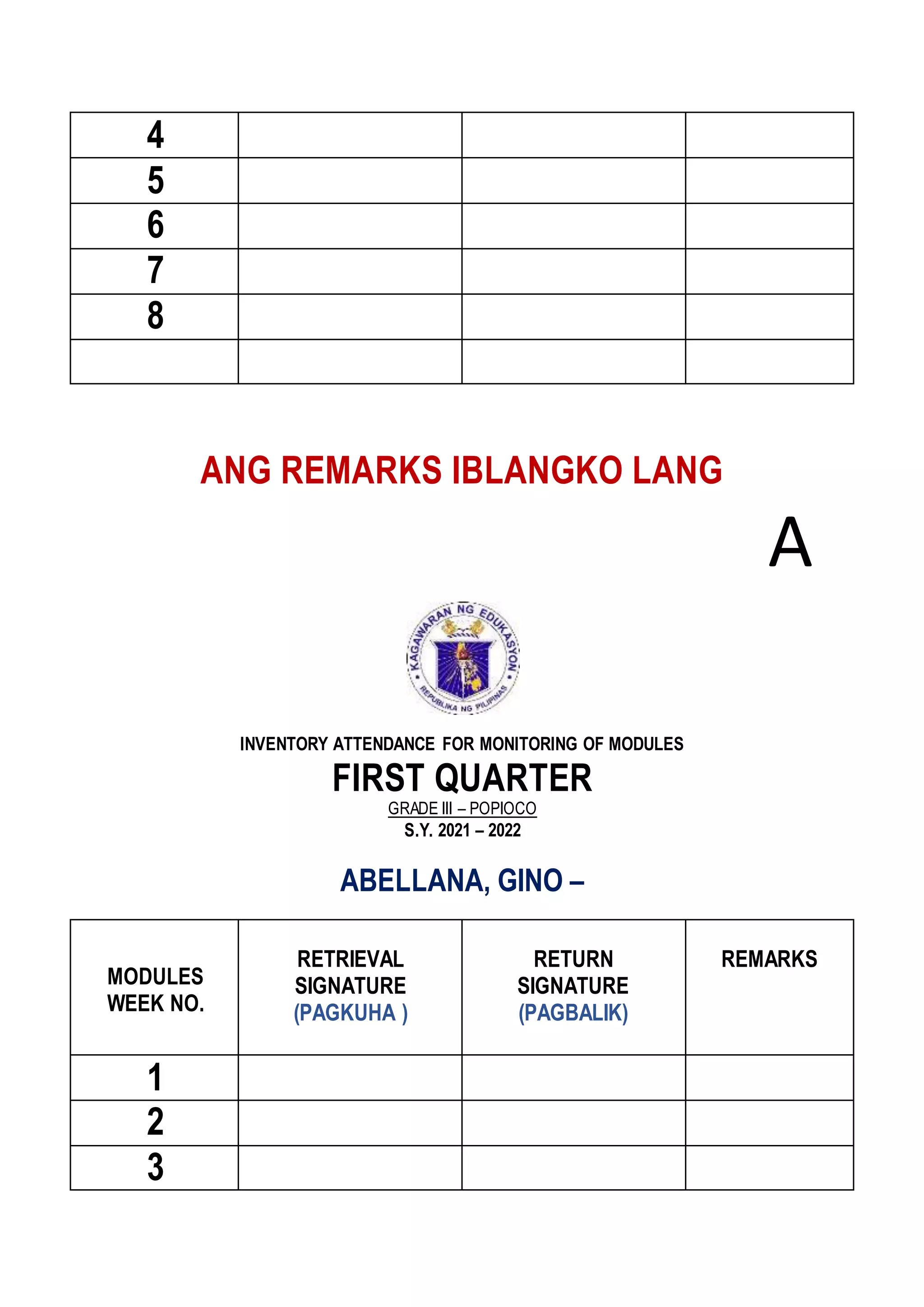 4
5
6
7
8
ANG REMARKS IBLANGKO LANG
A
INVENTORY ATTENDANCE FOR MONITORING OF MODULES
FIRST QUARTER
GRADE III – POPIOCO
S.Y. 2021 – 2022
ABELLANA, GINO –
MODULES
WEEK NO.
RETRIEVAL
SIGNATURE
(PAGKUHA )
RETURN
SIGNATURE
(PAGBALIK)
REMARKS
1
2
3
 