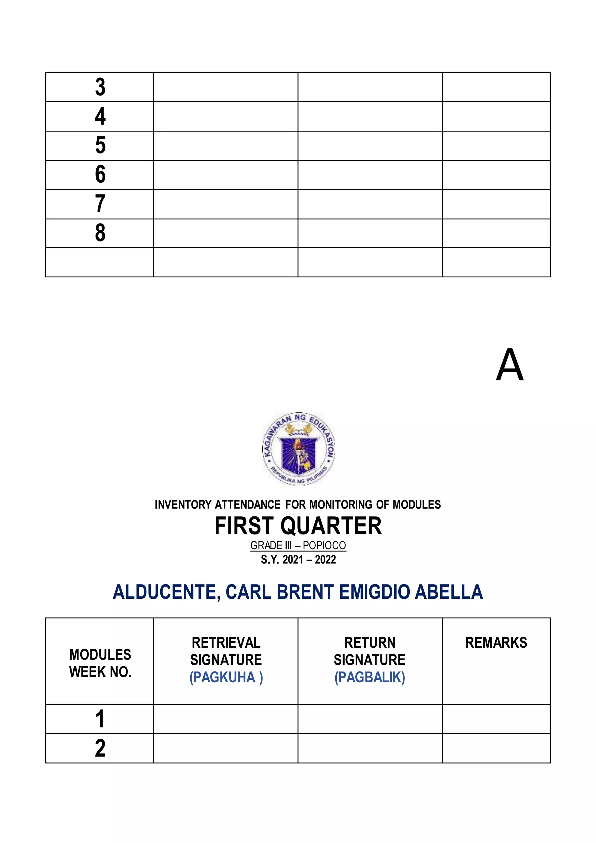 3
4
5
6
7
8
A
INVENTORY ATTENDANCE FOR MONITORING OF MODULES
FIRST QUARTER
GRADE III – POPIOCO
S.Y. 2021 – 2022
ALDUCENTE, CARL BRENT EMIGDIO ABELLA
MODULES
WEEK NO.
RETRIEVAL
SIGNATURE
(PAGKUHA )
RETURN
SIGNATURE
(PAGBALIK)
REMARKS
1
2
 