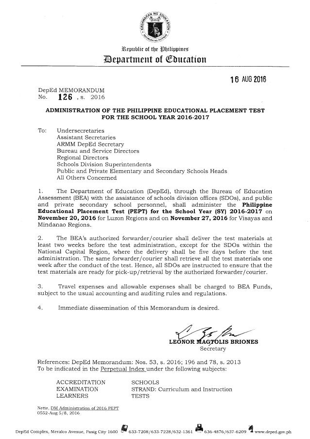 Dep ed memorandum dms2016_126 pept