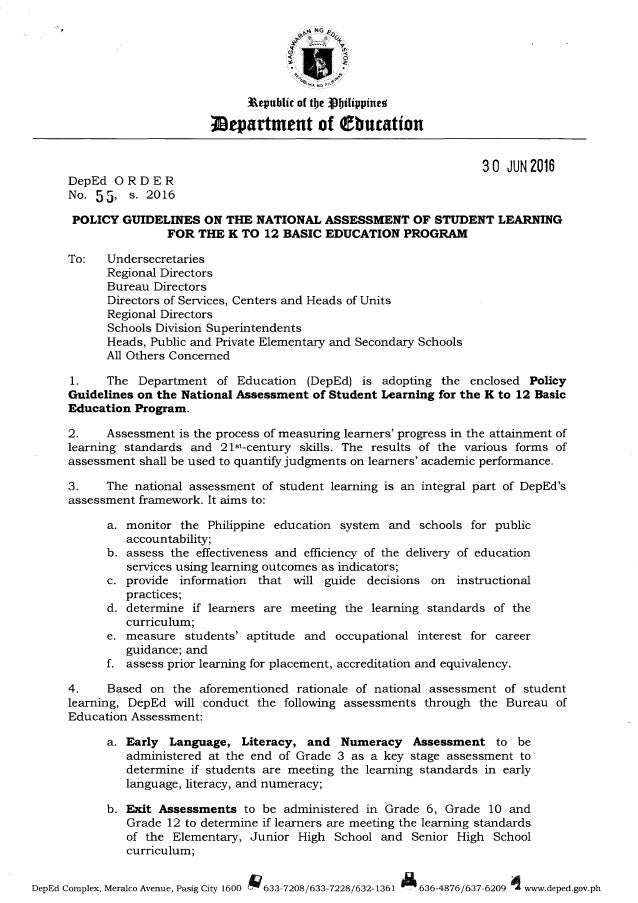 Dep Ed Order Do S2016 55 K 12 Assessment Policy