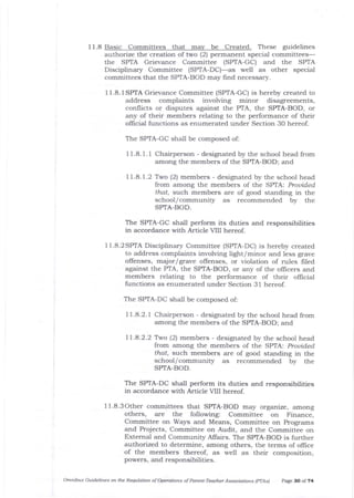 11.8 Basic Committees that mav be Created. These guidelines
authorize the creation of two (2) permanent specia-l committees-
the SPTA Grievance Committee (SPTA-GC) and the SPTA
Disciplinary Committee (SPTA-DC)-as well as other special
committees that the SPIA-BOD may find necessary.
I 1.8. I SPTA Grievance Committee (SPIA-GC) is hereby created to
address complaints involving minor disagreements,
conflicts or disputes against the PTA, the SPTA-BOD. or
any of their members relating to the performance of their
oflicial functions as enumerated under Section 3O hereof.
The SPTA-GC shall be composed of:
1 1.8. 1. I Chatperson - designated by the school head from
among the members of the SITA-BOD; arld
I1.8.1.2 Two (2) members - designated by the school head
from among the members of the SPTA: Prouided
fhct, such members are of good standing in the
school/communit5z as recommended by the
SPTA-BOD.
The SPTA-GC shall perform its duties and responsibilities
in accordance with Article VIII hereof.
11.8.2SP|A Disciplinary Committee (SPIA-DC) is hereby created
to address complaints involving light/minor and less grave
offenses, major/grave offenses, or violation of rules frled
against the PTA, the SPTA-BOD, or any of the olficers and
members relating to the performance of their offrcial
functions as enumerated under Section 31 hereof.
The SPTA-DC shall be composed of:
II.a.2.l Chairperson - designated by the school head from
among the members of the SPTA-BOD; aid
11.4.2.2 Two (2) members - designated by the school head
from among t}re members of the SPTA: Prouided
that, such members are of good standing in the
school/community as recommended by the
SPTA-BOD.
The SPTA-DC shall perform its duties and responsibilities
in accordance with Article VIII hereof.
11.8.3Other committees that SP|A-BOD may organize, arnong
others, are the following: Committee on Finance,
Committee on Ways and Means, Committee on Programs
and Projects, Committee on Audit, and the Committee on
External and Community Affairs. The SPTA-BOD is further
auttrorized to determine, among others, the terms of oIfice
of the members thereof, as well as their composition,
powers, and responsibilities.
Omnibus Gutdeliftes on the Requlation of Operations of Parent-Teacher Associations (pTAs) pate 30 of 74
 