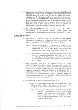 3 1.8 Appeal to t}re Schoois Division Superintendent /Resional
Director. If a party is not satisfied with the SPTA-BOD/FPIA-
BOD decision, he or she may submit an appeal in writing,
within seven (7) calendar days from receipt of such decision to
the SDS (in case of SPTA-BOD) or the RD (in case of FPTA-
BOD) who shall immediately act on the matter within thirty
(3O) days from receipt of the appeal. The decision of the
SDS/RD shall be final and executory unless a petition to
review on such decision is frled under Section 43 hereof.
31.9 The SPIA-DC/FPTA-DC shall refer the case to the SPTA-
GC/FPIA-GC if it involves matters falling under the
jurisdiction of the latter as provided under Section 3O. I hereof.
Section 32. Sanctions
32.I The following sanctions may be imposed by the proper
disciplining authority in connection with any violation that
may be committed by SPIA/FPTA members or oflicers:
32. 1. 1 Written reprimand to suspension of rights for a
maximum period of six (6) months sha.ll be imposed for
committing any of the light/minor and less grave
offenses enumerated under Section 31 . 1. t hereof.
32.1.2 Suspension of rights for a period of more than six (6)
months to dismissal/expulsion from office in the case
of a PTA officer, sha-lI be imposed for committing any of
the grave/ major offenses enumerated under Section
31.1.2 hereof.
32.2 TL.e sanctions that may be imposed upon an erring
SP|A/ FPTA member/officer under these guidelines shall only
be applicable to parent/ guardian-members. The disciplinary
actions that may be imposed against erring teacher-members
shall be consistent with the provisions of DepEd Order 49, s.
2OO6 (Revised Rules of Procedures of the Department of
Education in Administrative Cases), Revised Rules on
Administrative Cases in the Civil Service (RRACCS), and other
relevant laws, rules and regulations.
f an SPTA
32.3 Cancellati of O{ficial Recosnition o
32.3.1Upon the recommendation of the school head, the
Division PTA Affairs Committee shall cancel the
recognition of the SPTA on the following grounds:
32.3.1.1 commission of any of the prohibited acts under
Seclion 25 and violation of any of the general
policies on linalcial transactions under
Section 26 hereof, without prejudice to the
Iiling of appropriate charge/s before the proper
court/tribunal; and
omnibus Guidelines on the Req/J,:ti.,/L of Owratiotts of Pare -Tedcher Associatiotls (PTAsl Page 63 of 74
 