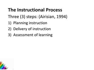 The Instructional Process
Three (3) steps: (Airisian, 1994)
1) Planning instruction
2) Delivery of instruction
3) Assessment of learning
 