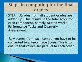 STEP 1 :Grades from all student grades are
added up. This results in the total score for
each component, namely Written Works,
Performance Tasks and Quarterly
Assessment.
Raw scores from each component have to be
converted to a Percentage Score. This is to
ensure that values are parallel to each other.
 