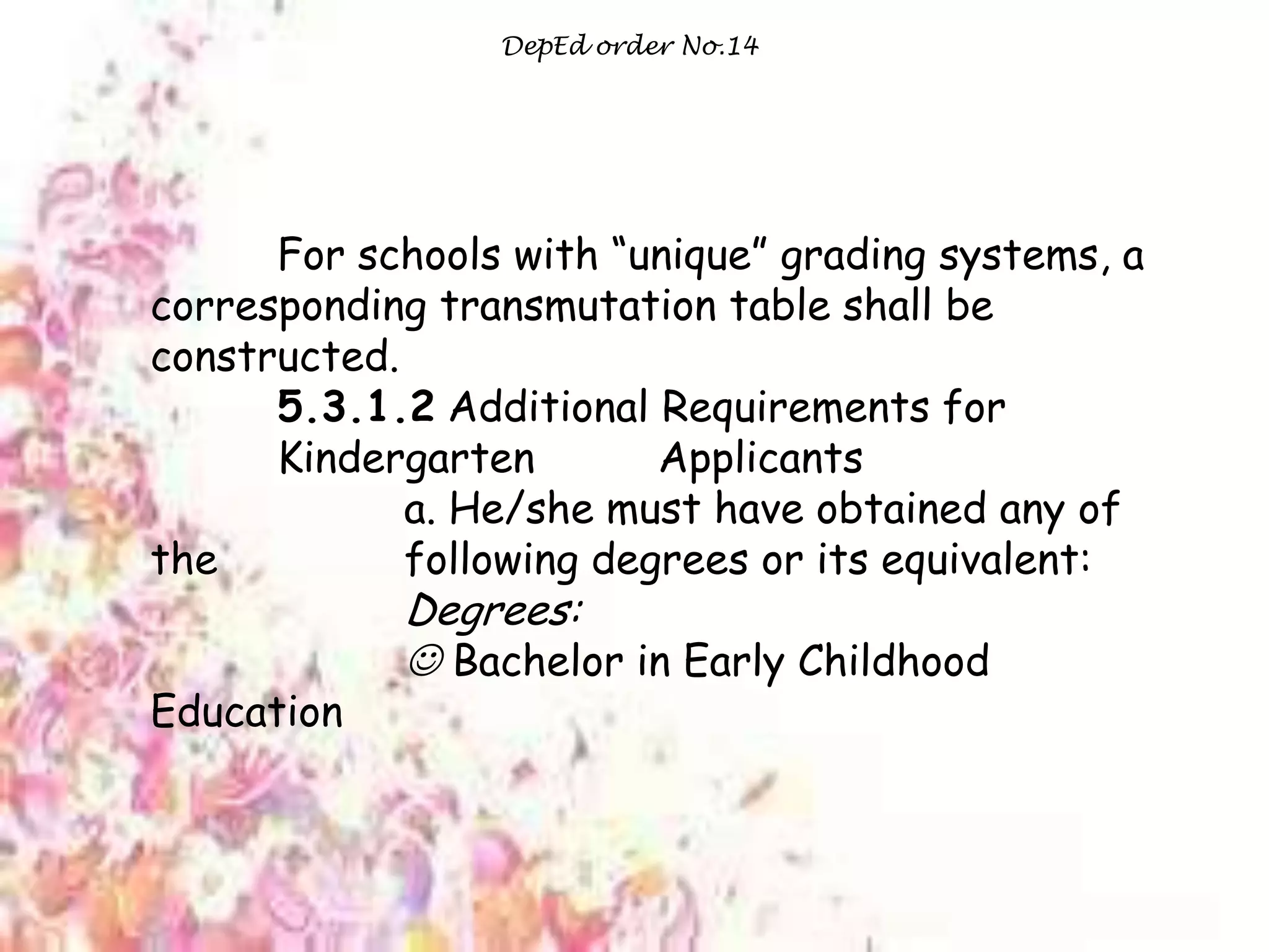 DepEd order No.14
For schools with “unique” grading systems, a
corresponding transmutation table shall be
constructed.
5.3.1.2 Additional Requirements for
Kindergarten Applicants
a. He/she must have obtained any of
the following degrees or its equivalent:
Degrees:
 Bachelor in Early Childhood
Education
 