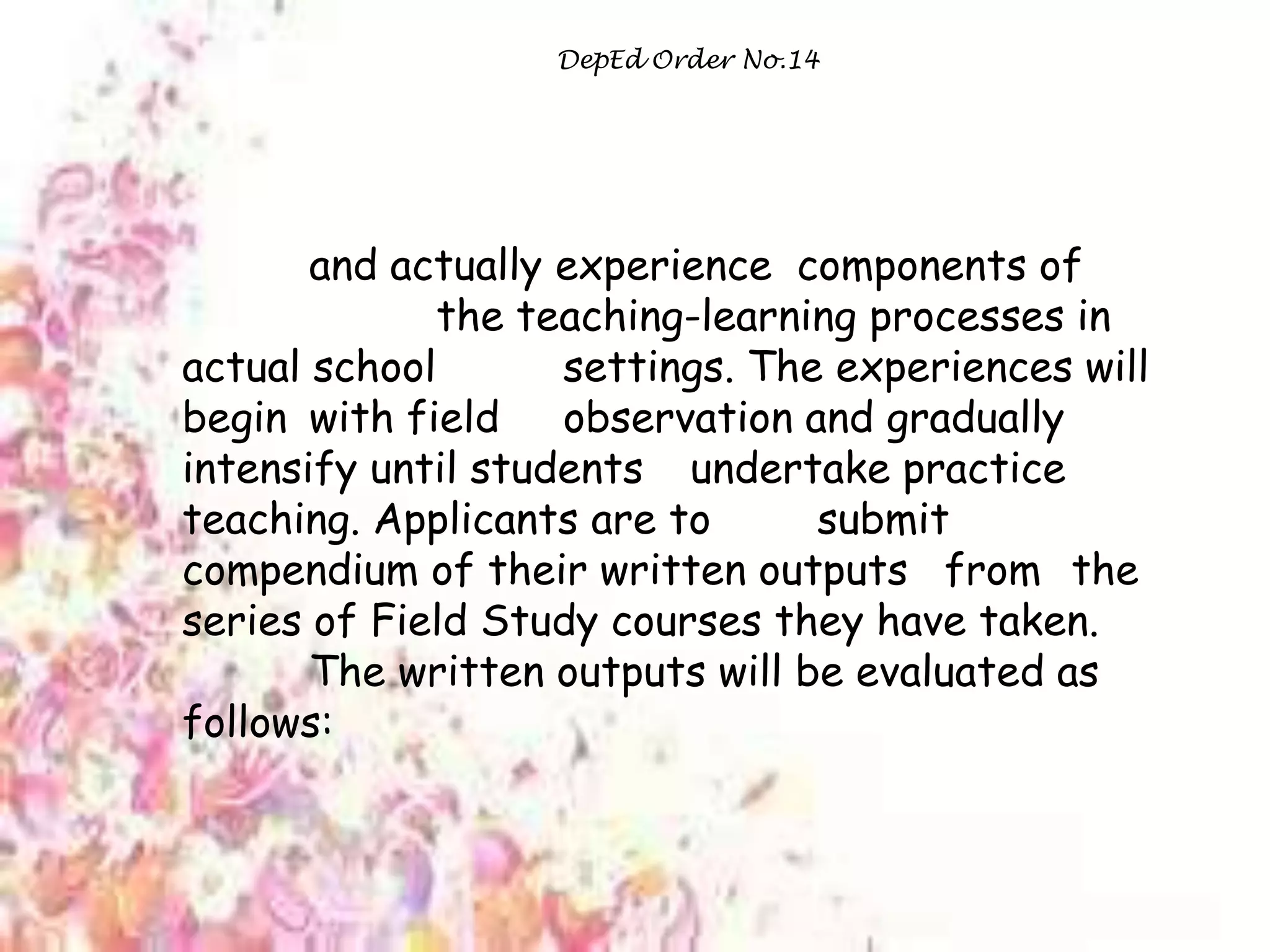 DepEd Order No.14
and actually experience components of
the teaching-learning processes in
actual school settings. The experiences will
begin with field observation and gradually
intensify until students undertake practice
teaching. Applicants are to submit
compendium of their written outputs from the
series of Field Study courses they have taken.
The written outputs will be evaluated as
follows:
 