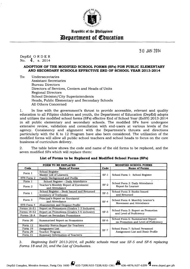 Deped order no 4 s2014 modified school forms