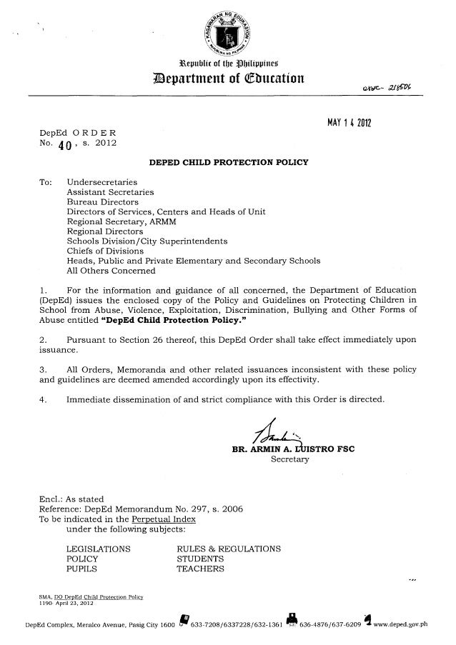 Dep ed order no. 40, s, 2012