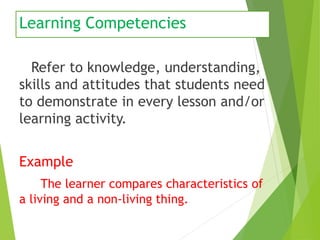 Learning Competencies
Refer to knowledge, understanding,
skills and attitudes that students need
to demonstrate in every lesson and/or
learning activity.
Example
The learner compares characteristics of
a living and a non-living thing.
 