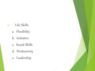 3. Life Skills
a. Flexibility
b. Initiative
c. Social Skills
d. Productivity
e. Leadership
 