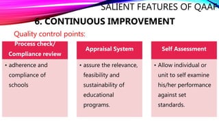 SALIENT FEATURES OF QAAF
6. CONTINUOUS IMPROVEMENT
Quality control points:
-
Process check/
Compliance review
• adherence and
compliance of
schools
Appraisal System
• assure the relevance,
feasibility and
sustainability of
educational
programs.
Self Assessment
• Allow individual or
unit to self examine
his/her performance
against set
standards.
 