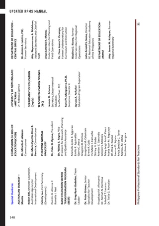 PhilippineProfessionalStandardsforTeachers21
Specialthanksto:
AUSTRALIANEMBASSY–
Manila
RobynBiti,MinisterCounselor,
AustralianAgencyfor
InternationalDevelopment
FelicityLee,FirstSecretary
(Development)
QuintinG.AtienzaII
RomeliaI.Neri
BASICEDUCATIONSECTOR
TRANSFORMATIONPROGRAM
(BEST)
Dr.Greg-RyanGadsden,Team
Leader
Dr.PeterGrimes,Senior
SpecialistforTeacher
Development
KrupskayaM.Añonuevo
Dr.NemahN.Hermosa
SoledadT.Lecaroz
Dr.TwilaG.Punsalan
COMMISSIONONHIGHER
EDUCATION(CHED)
Dr.MinellaC.Alarcon
Commissioner
Dr.MariaCynthiaRoseB.
Bautista,Commissioner
PHILIPPINENORMAL
UNIVERSITY
Dr.EsterB.Ogena,President
Dr.WilmaS.Reyes,Vice
PresidentforResearch,Planning
andQualityAssurance
MarivillaLydiaB.Aggarao
EmilioF.Aguinaldo
GerryC.Areta
GregorioB.Borines
JosephineM.Calamlam
ErwinR.Callo
VicMarieI.Camacho
ShirleyN.Cerbo
MaribelC.Gerundio
GlinoreS.Morales
MaryLeighAnnC.Perez
MariaRuthM.Regalado
Dr.RitaB.Ruscoe
JoemarD.Sajona
MylaZenaidaC.Torio
MarilouM.Ubiña
LordinioA.Vergara
UNIVERSITYOFNEWENGLAND
-AUSTRALIA
Dr.RebeccaSpence
DEPARTMENTOFEDUCATION
(DepEd)
TEACHEREDUCATIONCOUNCIL
(TEC)
LeonorM.Briones
Secretary,Departmentof
Education
Ex-officioChair,TEC
RunviV.Manguerra,Ph.D.
ExecutiveDirectorII
JaysonA.Peñafiel
EducationProgramSupervisor
DEPARTMENTOFEDUCATION–
CENTRALOFFICE
Br.ArminA.Luistro,FSC,
FormerSecretary
Atty.NepomucenoA.Malaluan,
AssistantSecretaryandChiefof
Staff
JesusLorenzoR.Mateo,
UndersecretaryforPlanningand
FieldOperations
Dr.DinaJoanaS.Ocampo,
FormerUndersecretaryfor
CurriculumandInstruction
RizalinoD.Rivera,Former
UndersecretaryforRegional
Operations
JohnArnoldS.Siena,Director
IV,NationalEducatorsAcademy
ofthePhilippines
DEPARTMENTOFEDUCATION-
ARMM
Atty.JamarM.Kulayan,Former
RegionalSecretary
UPDATED RPMS MANUAL
148148
 