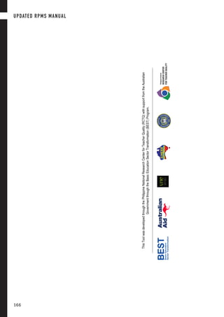 23	
	
	
	
	
	
	
ThisToolwasdevelopedthroughthePhilippineNationalResearchCenterforTeacherQuality(RCTQ)withsupportfromtheAustralian
GovernmentthroughtheBasicEducationSectorTransformation(BEST)Program.	
PhilippineNational
RESEARCHCENTER
FORTEACHERQUALITY
UPDATED RPMS MANUAL
166
 