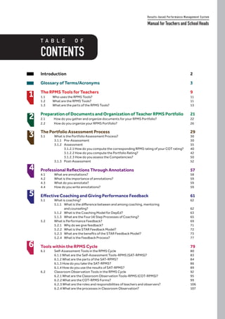 CONTENTS
T A B L E O F
Results-based Performance Management System
Manual for Teachers and School Heads
	 Introduction										2
	 Glossary of Terms/Acronyms							3
	 The RPMS Tools for Teachers							9
	 1.1	Who uses the RPMS Tools?								11
	1.2	What are the RPMS Tools?								11
	 1.3	 What are the parts of the RPMS Tools?						 13
	 Preparation of Documents and Organization of Teacher RPMS Portfolio	 21
	 2.1 How do you gather and organize documents for your RPMS Portfolio?			 22
	 2.2 How do you organize your RPMS Portfolio?						 26
									
3	 The Portfolio Assessment Process						29
3.1	 What is the Portfolio Assessment Process?						 30
	3.1.1	Pre-Assessment								30
	3.1.2	Assessment								35
		 3.1.2.1 How do you compute the corresponding RPMS rating of your COT rating? 	 40
		 3.1.2.2 How do you compute the Portfolio Rating?				 42
		 3.1.2.3 How do you assess the Competencies?					 50
	3.1.3	Post-Assessment 								52
4	 Professional Reflections Through Annotations					 57
4.1	What are annotations? 								58
4.2	 What is the importance of annotations?						 59
4.3	What do you annotate?								59
4.4	How do you write annotations?							59
5	 Effective Coaching and Giving Performance Feedback				 61
5.1	What is coaching?									62
	 5.1.1	 What is the difference between and among coaching, mentoring
		and counseling?								62
	 5.1.2	 What is the Coaching Model for DepEd? 					 63
	 5.1.3	 What are the Four (4) Step Processes of Coaching?				 65
5.2	What is Performance Feedback?							69
	5.2.1	Why do we give feedback?							71
	5.2.2	What is the STAR Feedback Model?						72
	 5.2.3	 What are the benefits of the STAR Feedback Model? 	 	 	 	 73
	5.2.4	What is the Feedback Process? 						77
	 Tools within the RPMS Cycle							 79
6.1	 Self-Assessment Tools in the RPMS Cycle						 80
	 6.1.1 What are the Self-Assessment Tools-RPMS (SAT-RPMS)?				 83
	 6.1.2 What are the parts of the SAT-RPMS?						 84
	 6.1.3 How do you take the SAT-RPMS?						 86
	 6.1.4 How do you use the results of SAT-RPMS?					 89
6.2	 Classroom Observation Tools in the RPMS Cycle					 92
	 6.2.1 What are the Classroom Observation Tools-RPMS (COT-RPMS)?			 95
	6.2.2 What are the COT-RPMS Forms?						99
	 6.2.3 What are the roles and responsibilities of teachers and observers?			 106
	 6.2.4 What are the processes in Classroom Observation? 				 107
							
1
2
3
4
5
6
 