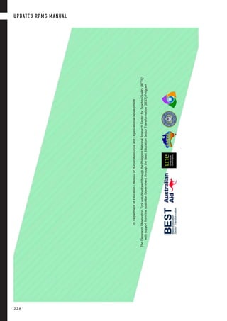 ©DepartmentofEducation-BureauofHumanResourcesandOrganizationalDevelopment
TheClassroomObservationToolwasdevelopedthroughthePhilippineNationalResearchCenterforTeacherQuality(RCTQ)
withsupportfromtheAustralianGovernmentthroughtheBasicEducationSectorTransformation(BEST)Program
UPDATED RPMS MANUAL
228
 